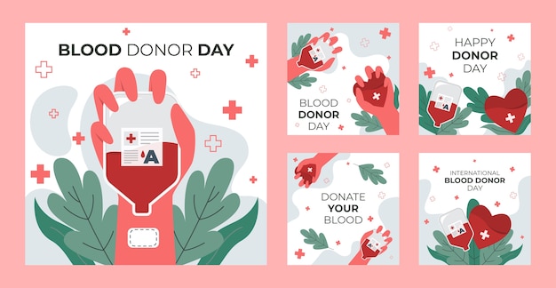 Free vector flat world blood donor day instagram posts collection