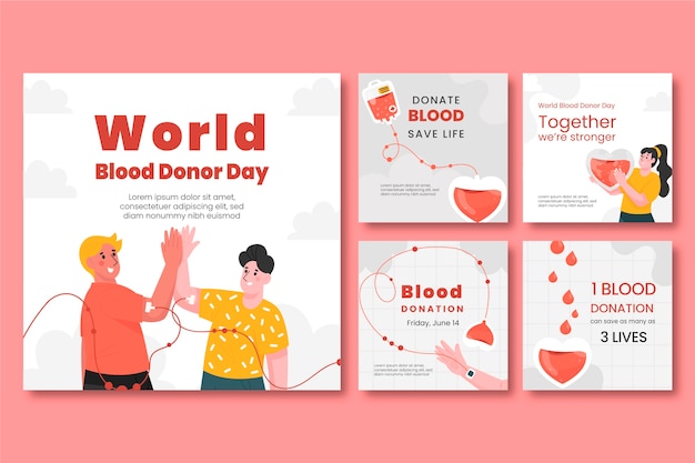 Vettore gratuito collezione di post instagram per la giornata mondiale del donatore di sangue piatto