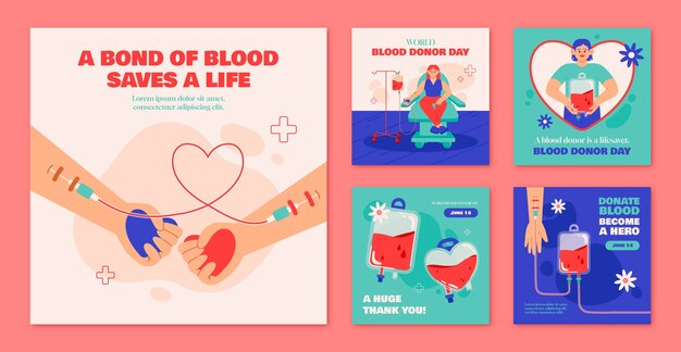 Free vector flat world blood donor day instagram posts collection