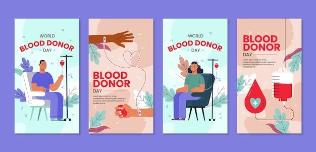 Vettore gratuito collezione di storie di instagram per la giornata mondiale del donatore di sangue piatto