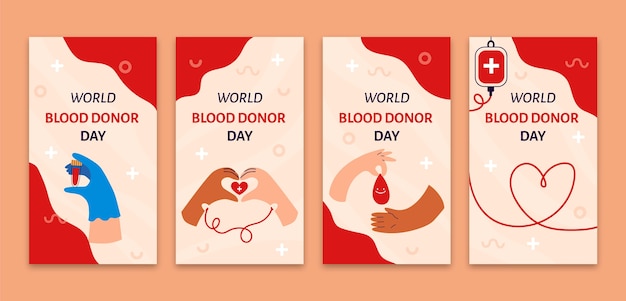 Vettore gratuito collezione di storie di instagram per la giornata mondiale del donatore di sangue piatto