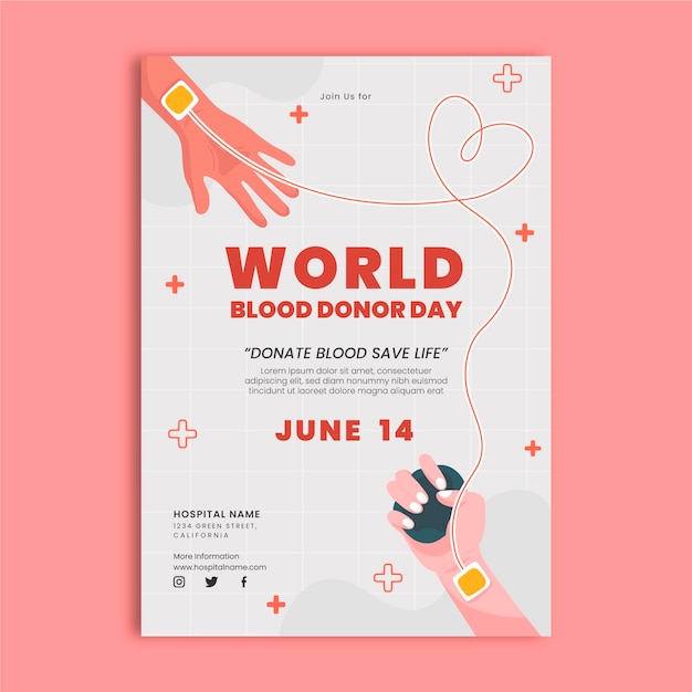 Vettore gratuito modello di volantino verticale per la giornata mondiale del donatore di sangue piatto con le mani che pompano sangue