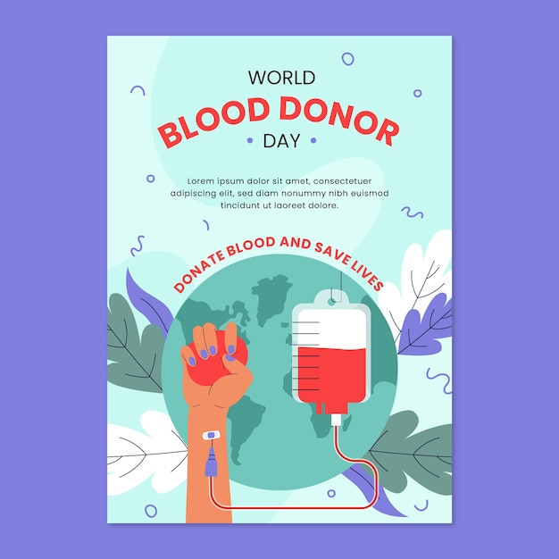 Плоский всемирный день донора крови вертикальный шаблон плаката