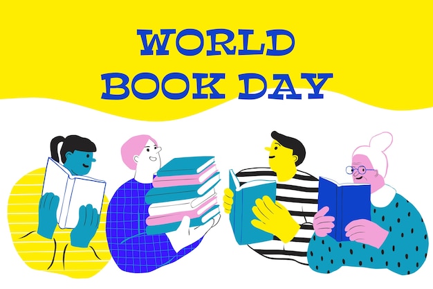 Flat world book day background with people reading books