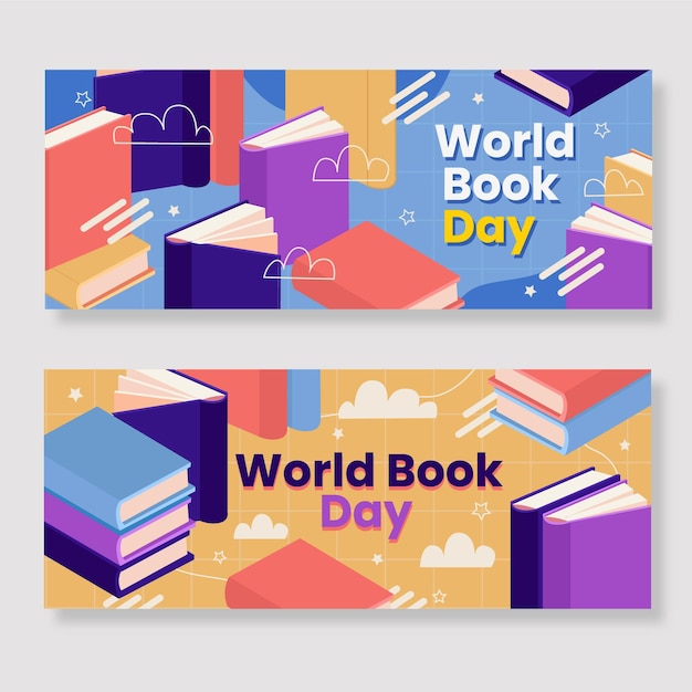 Flat world book day banners set