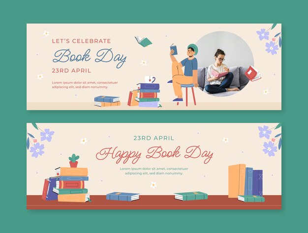 Flat world book day celebration horizontal banner template