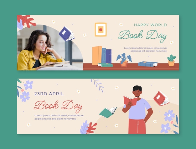 Flat world book day celebration horizontal banner template