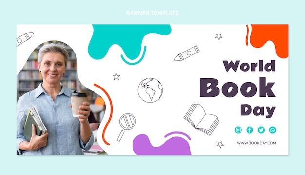 Free vector flat world book day horizontal banner template