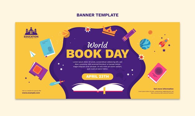 Vettore gratuito modello di banner orizzontale per la giornata mondiale del libro piatto