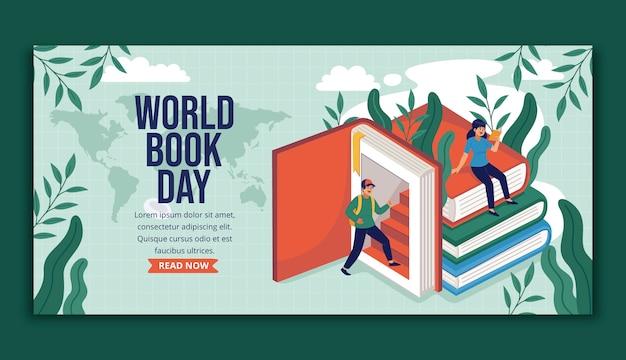 Flat world book day horizontal banner template