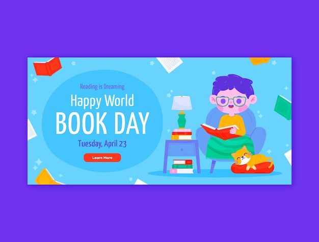 Free vector flat world book day horizontal banner template