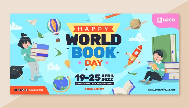 Flat world book day horizontal banner template