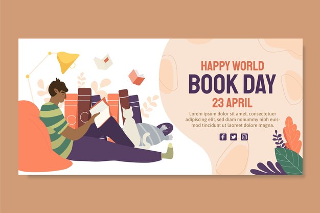 Flat world book day horizontal banner