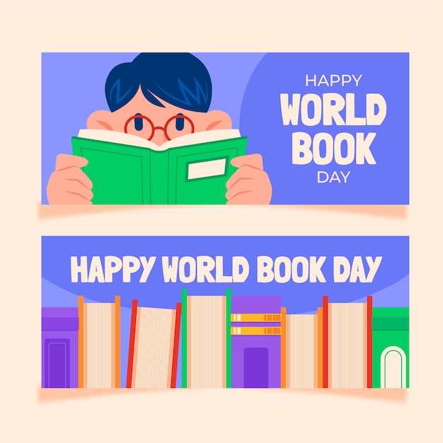 Flat world book day horizontal banners set