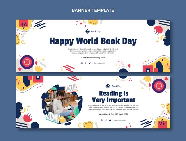 Flat world book day horizontal banners set