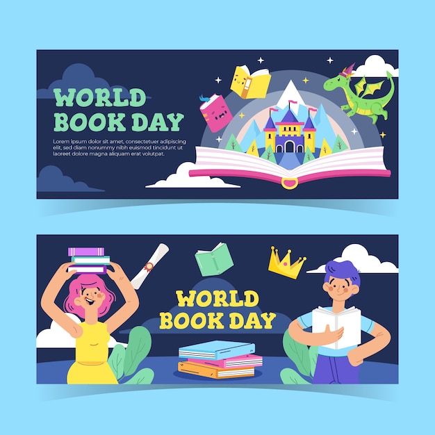 Flat world book day horizontal banners set