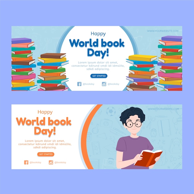 Flat world book day horizontal banners set