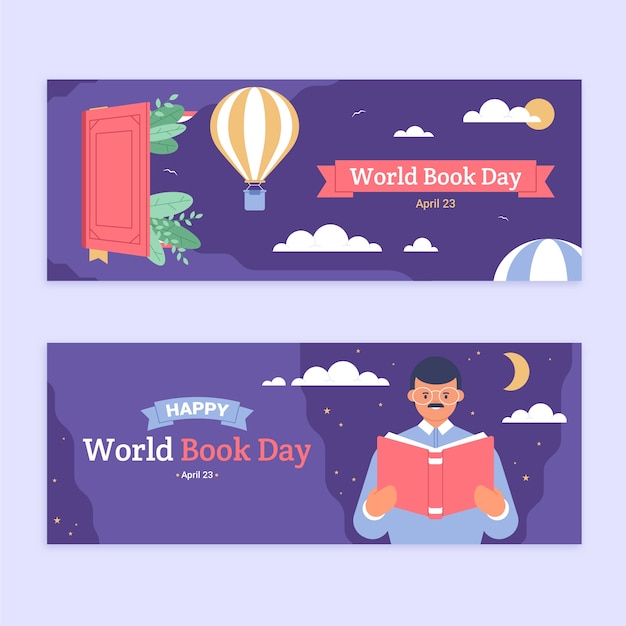 Free vector flat world book day horizontal banners set