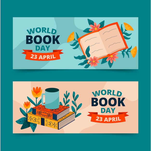 Flat world book day horizontal banners set