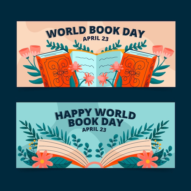 Flat world book day horizontal banners set