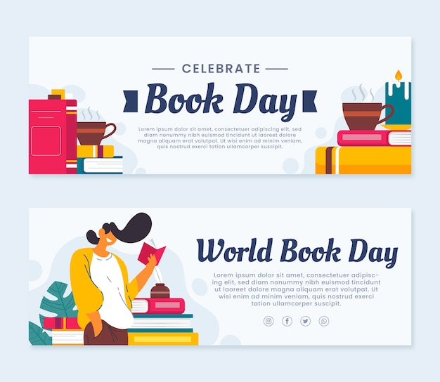 Free vector flat world book day horizontal banners set