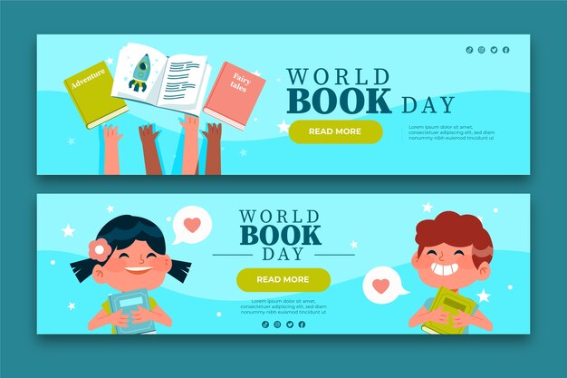 Flat world book day horizontal banners set