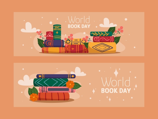 Free vector flat world book day horizontal banners set