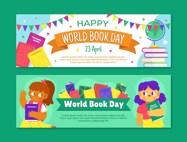 Free vector flat world book day horizontal banners set