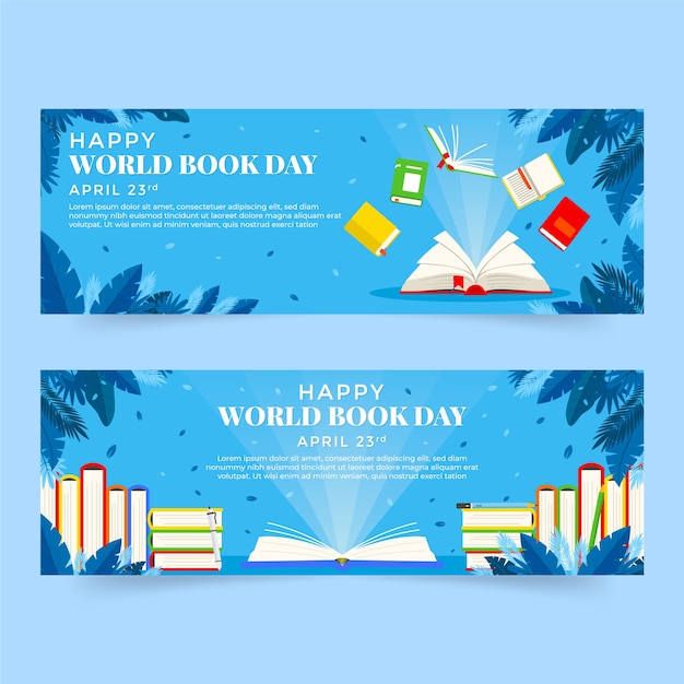 Flat world book day horizontal banners set