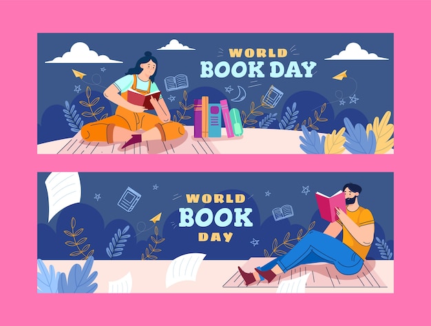 Flat world book day horizontal banners set