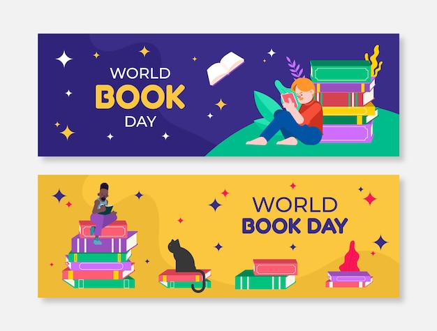 Flat world book day horizontal banners set