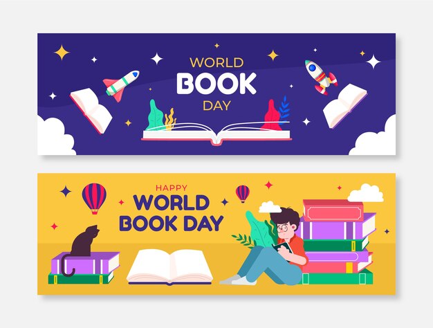 Flat world book day horizontal banners set