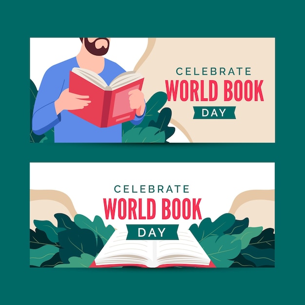 Flat world book day horizontal banners