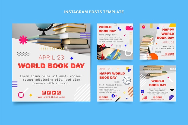 Free vector flat world book day instagram posts collection