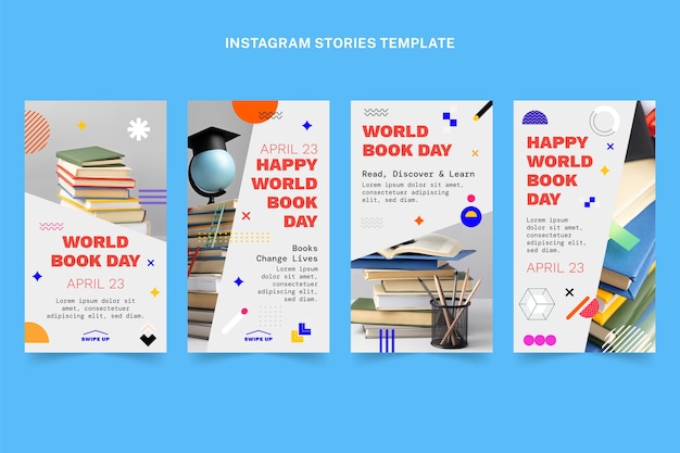 Vettore gratuito collezione di storie di instagram per la giornata mondiale del libro piatto