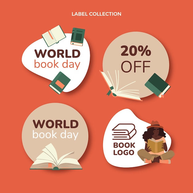 Vettore gratuito collezione di etichette per la giornata mondiale del libro piatto