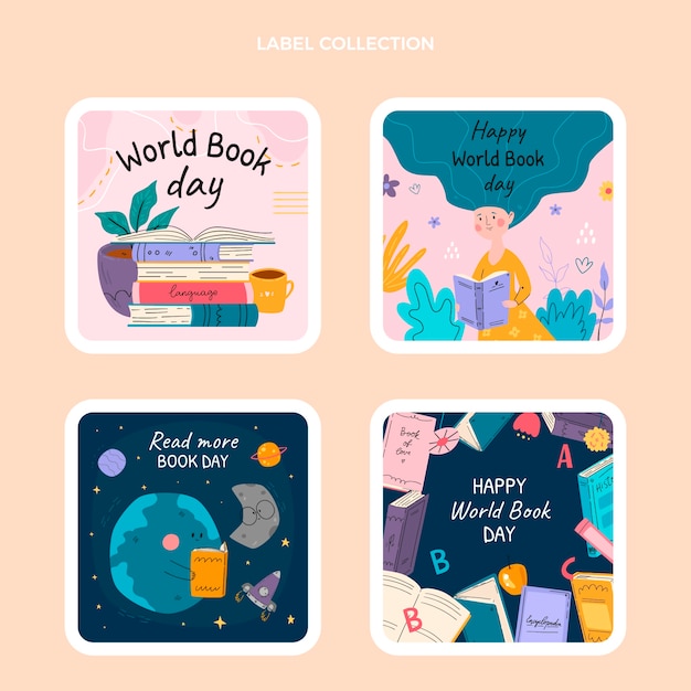 Flat world book day labels collection