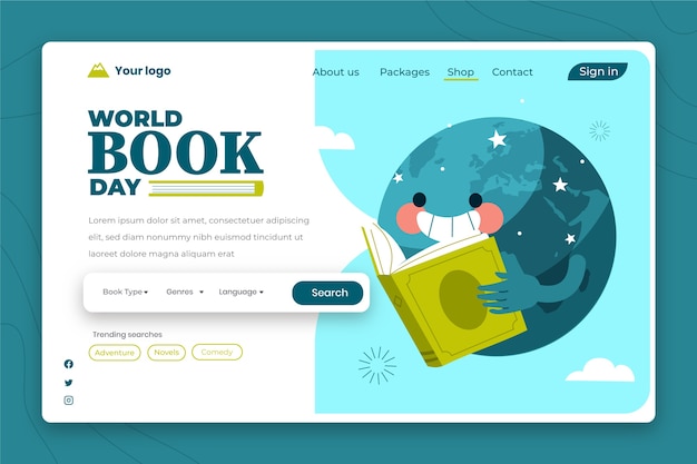 Flat world book day landing page template