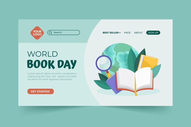 Flat world book day landing page template