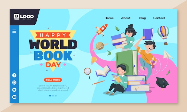 Vettore gratuito modello di pagina di destinazione della giornata mondiale del libro piatto