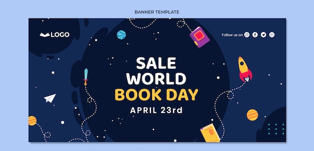 Flat world book day sale horizontal banner template