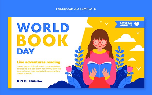Flat world book day social media cover template