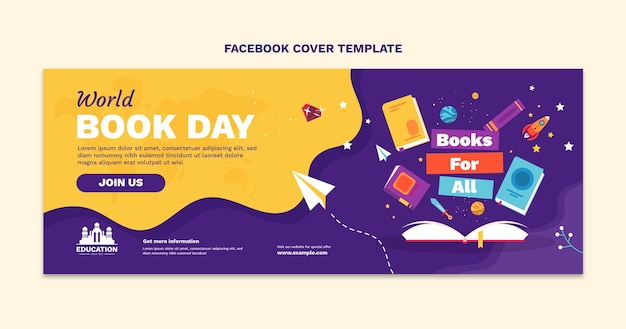 Плоский всемирный день книги шаблон обложки для социальных сетей