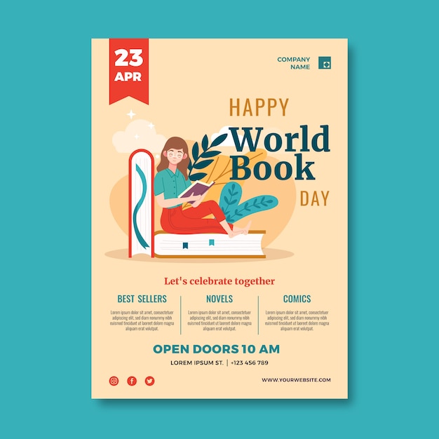 Flat world book day vertical poster template