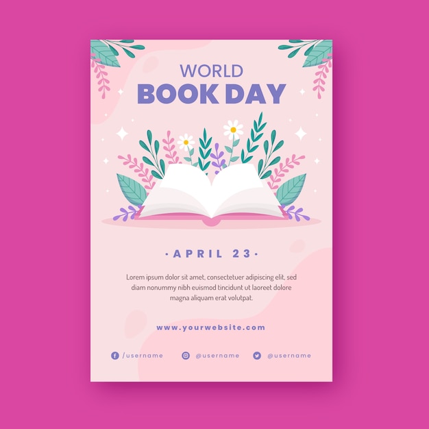 Flat world book day vertical poster template