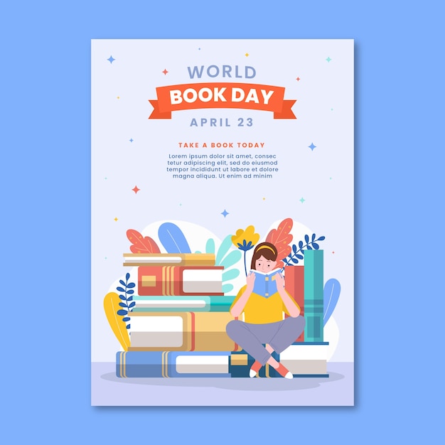 Free vector flat world book day vertical poster template