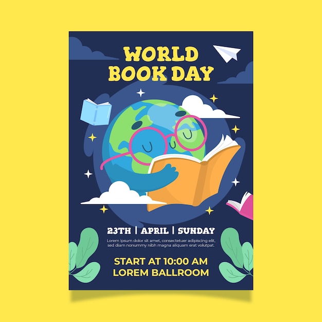 Flat world book day vertical poster template