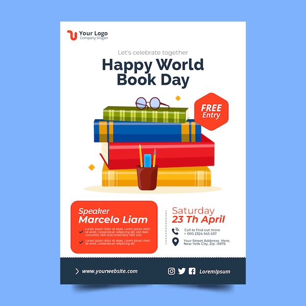 Free vector flat world book day vertical poster template