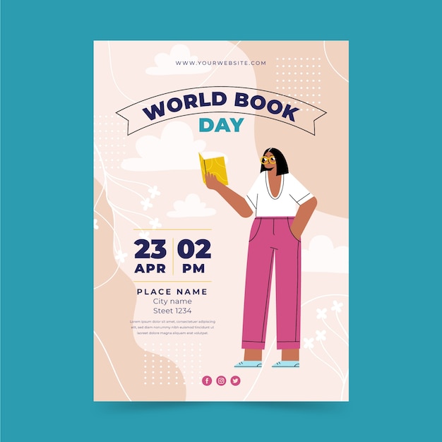 Flat world book day vertical poster template