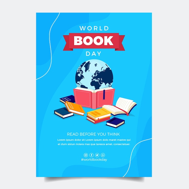 Free vector flat world book day vertical poster template